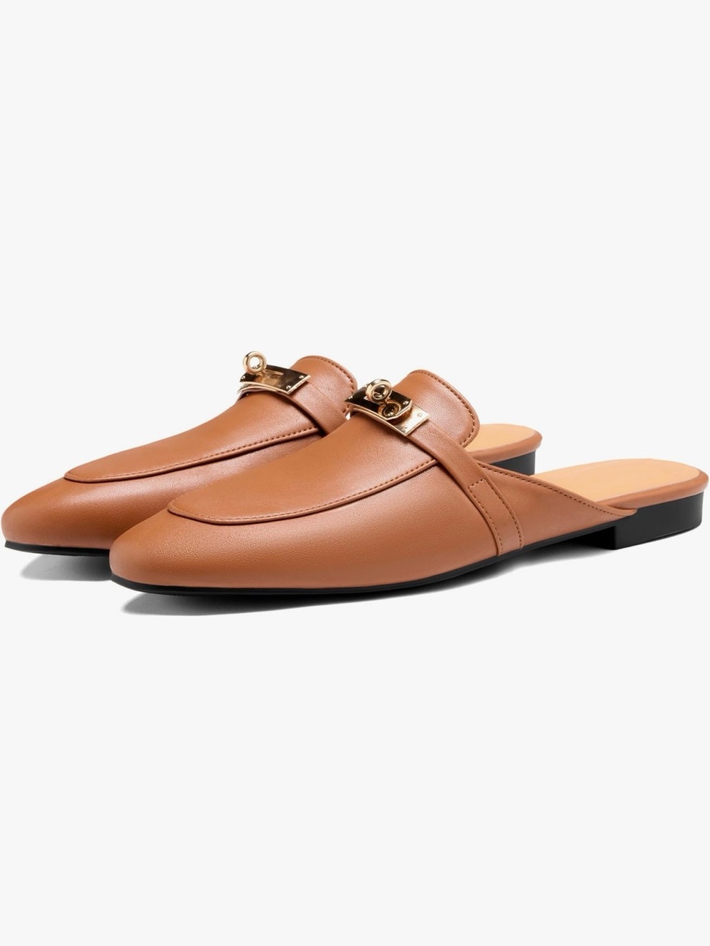 Designer- like Women’s Tan Slip-On Loafer Mules with Gold Buckle Accent